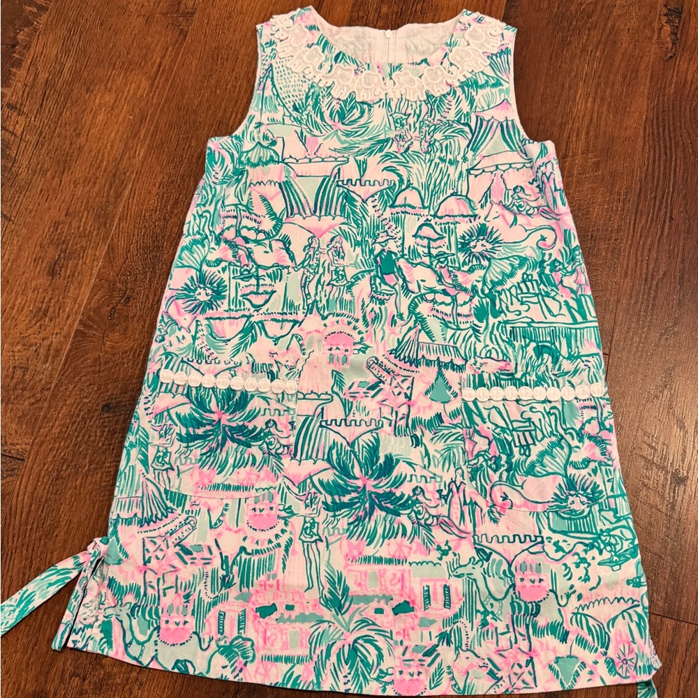 Lilly Pulitzer Girls Sleeveless Pink and Teal Tropical Print Dress